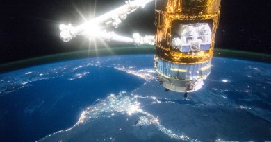 Japan's HTV-5 cargo craft is illuminated with the Nile river below