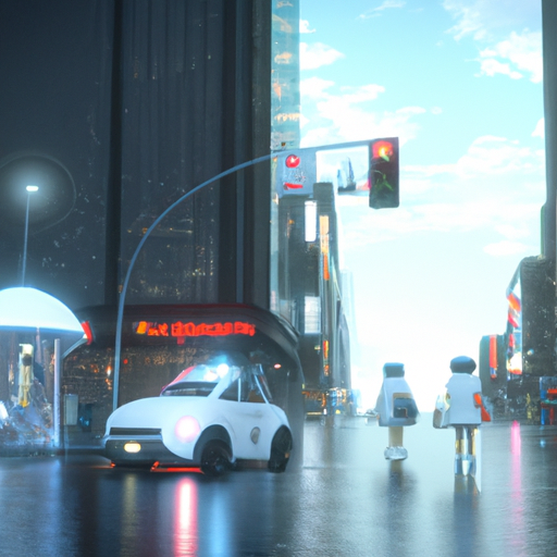 Photorealistic high resolution picture of an autonomous vehicle driving through and interacting with a smart city and the smart grid. humans and robots are walking on the sidewalks. Electronic billboards are flashing and offering personalized offerings. The scene looks like it could be from the movie bladerunner.