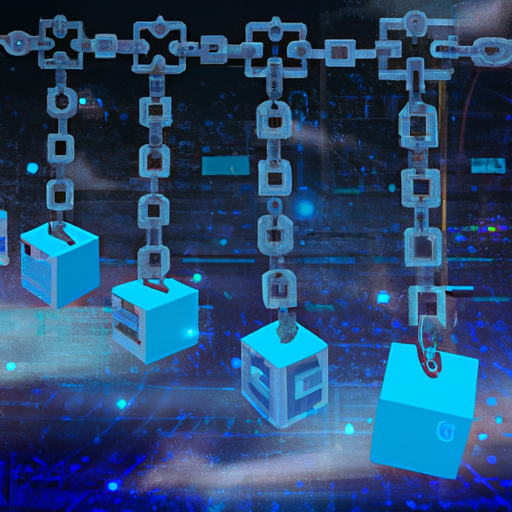 Create a high resolution picture of a digital chain containing blocks with a futuristic looking background showing data, people, planets and space