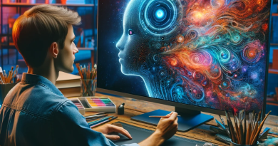 CDO TIMES A digital artist sitting at a workspace, creatively collaborating with an AI on a large screen. The screen displays a fusion of the artist's work