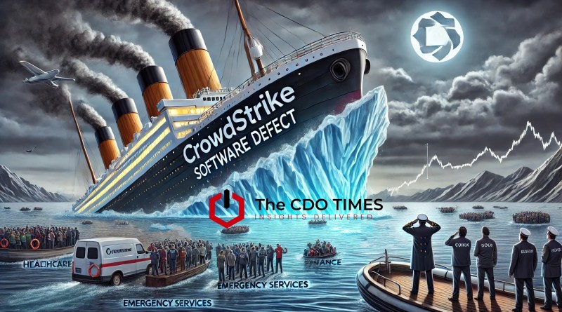 A-large-ship-representing-CrowdStrike-sailing-smoothly-on-calm-waters-suddenly-hit-by-a-massive-iceberg-labeled-Software-Defect-causing-chaos