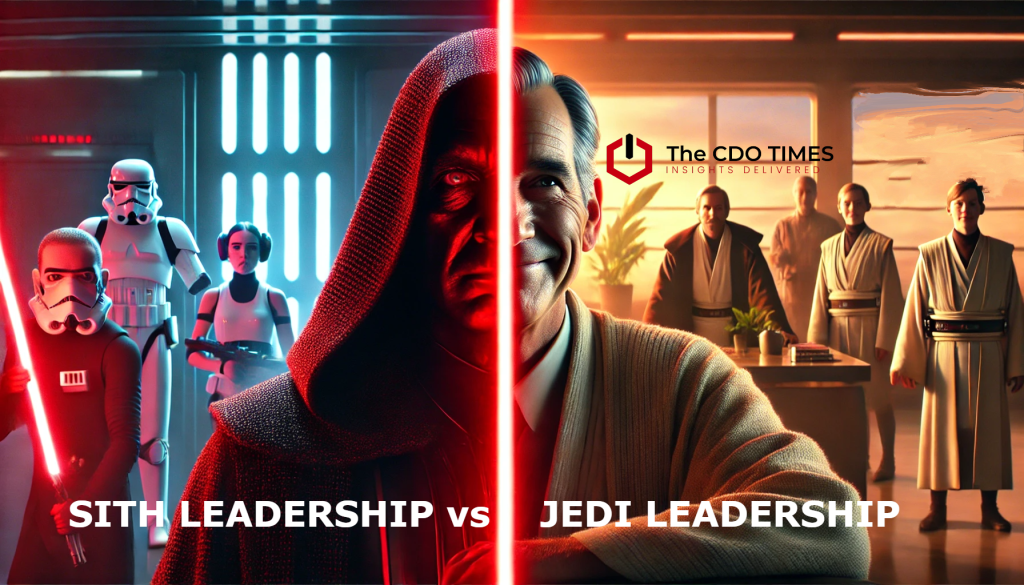Star Wars Leadership Lessons: Comparison-of-a-Sith-CEO-and-a-Jedi-CEO.-The-Sith-CEO-is-depicted-as-strict-and-commanding-with-a-dark-imposing-presence-vs-an-inspirational-empathic-JEDI-CEO-leader