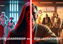 Star Wars Leadership Lessons: Comparison-of-a-Sith-CEO-and-a-Jedi-CEO.-The-Sith-CEO-is-depicted-as-strict-and-commanding-with-a-dark-imposing-presence-vs-an-inspirational-empathic-JEDI-CEO-leader