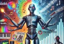 AI-as-a-futuristic-robot-with-multiple-arms-on-one-side-creating-vibrant-art-music-notes-and-journalistic-reports