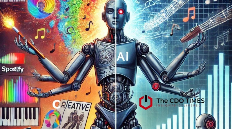 AI-as-a-futuristic-robot-with-multiple-arms-on-one-side-creating-vibrant-art-music-notes-and-journalistic-reports