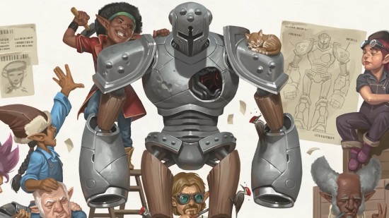 Dungeons and Dragons art of a group of gnomes tinkering with a robot
