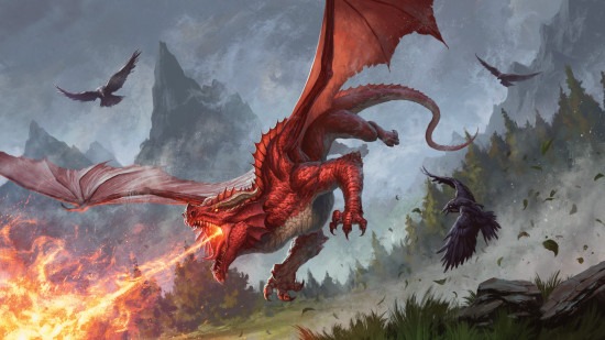 Dungeons and Dragons art of a red dragon breathing fire as it swoops close to the ground