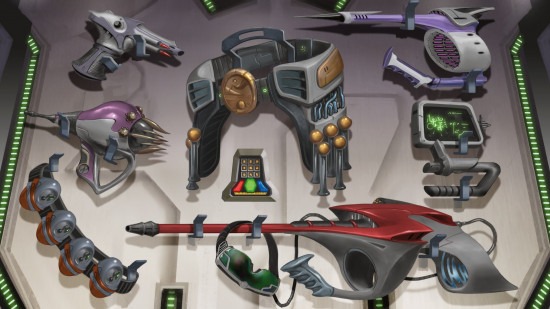 Dungeons and Dragons art of sci fi equipment and laser guns on a table