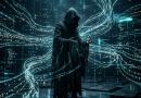Hooded figure in dark robe surrounded by flowing digital code streams