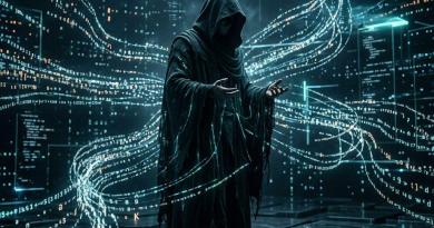 Hooded figure in dark robe surrounded by flowing digital code streams