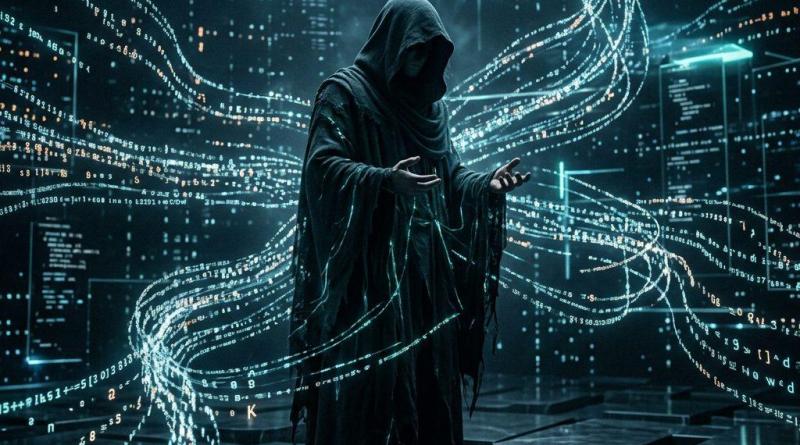 Hooded figure in dark robe surrounded by flowing digital code streams