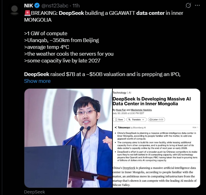DeepSeek data center plan reported in Inner Mongolia