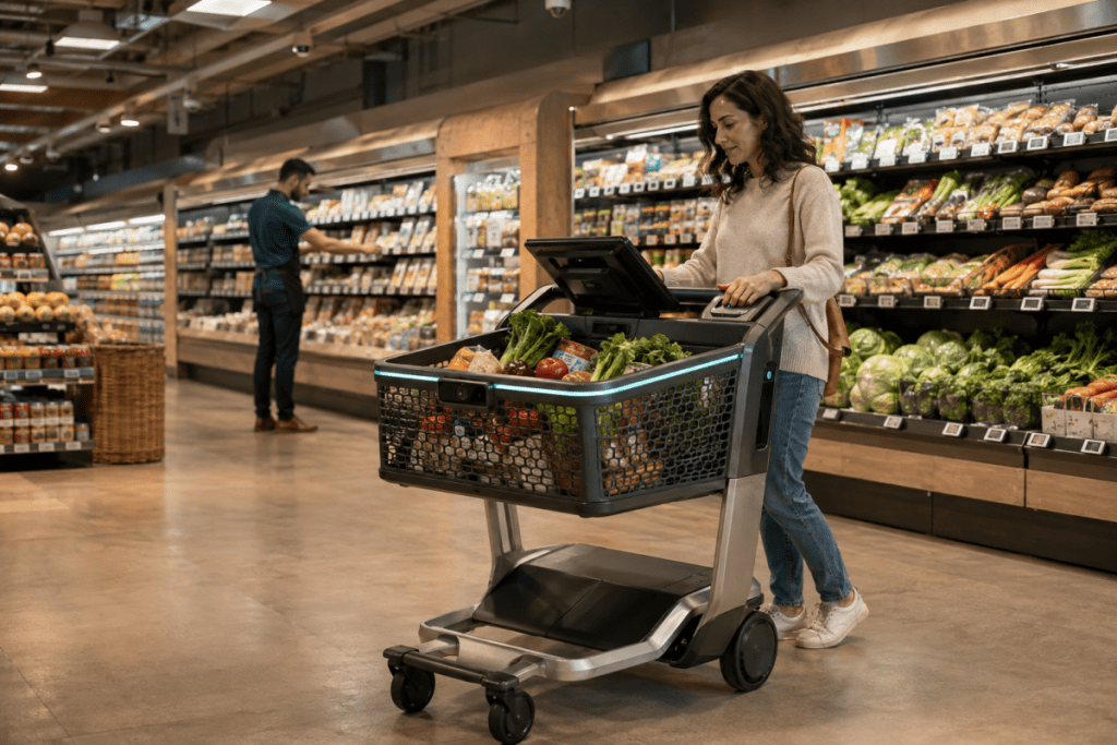 A shopper uses a connected smart cart in a grocery produce aisle while an employee replenishes shelves in the background.