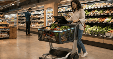 A shopper uses a connected smart cart in a grocery produce aisle while an employee replenishes shelves in the background.