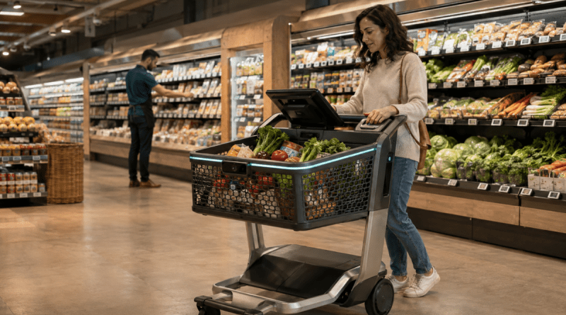 A shopper uses a connected smart cart in a grocery produce aisle while an employee replenishes shelves in the background.