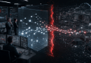 Executive security operations center watching an AI agent process cross a red containment boundary into a live enterprise network.