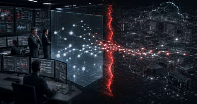 Executive security operations center watching an AI agent process cross a red containment boundary into a live enterprise network.