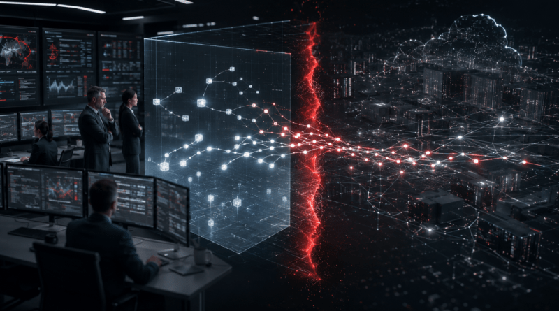 Executive security operations center watching an AI agent process cross a red containment boundary into a live enterprise network.