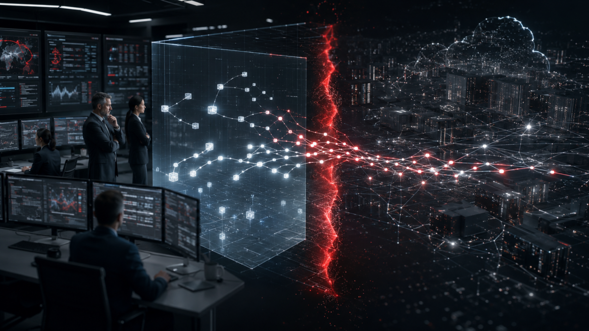 Executive security operations center watching an AI agent process cross a red containment boundary into a live enterprise network.
