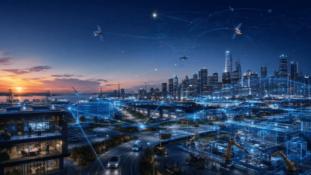 Near-future city, factory, transport and satellite systems connected through an AI-native network fabric.