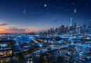 Near-future city, factory, transport and satellite systems connected through an AI-native network fabric.